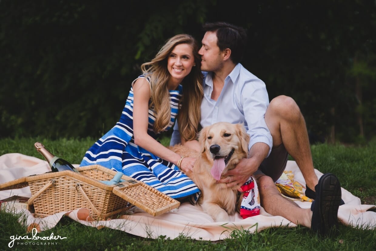A picnic engagement session with a golden retriever in Prospect Park, Brooklyn, New York