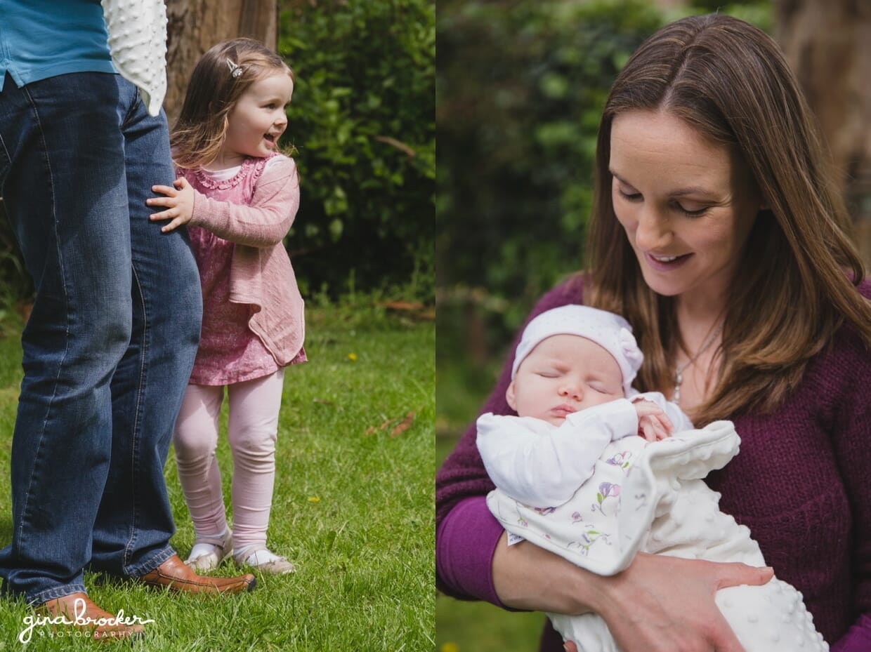 Candid family photographs of a dad and toddler and mom and baby during a home photo session