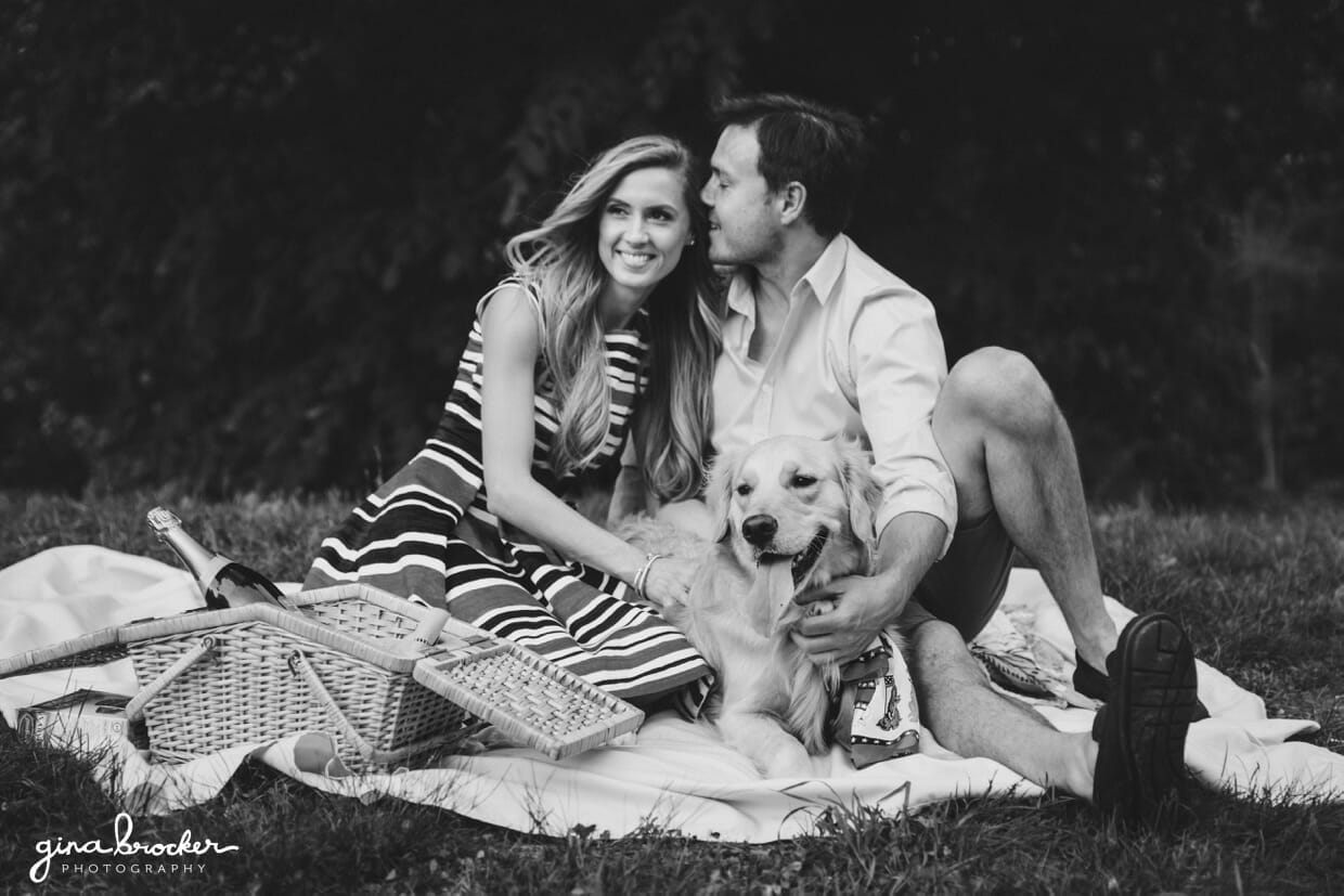 A couple sit on a blanket with their dog during their picnic engagement in prospect park, brooklyn, new york