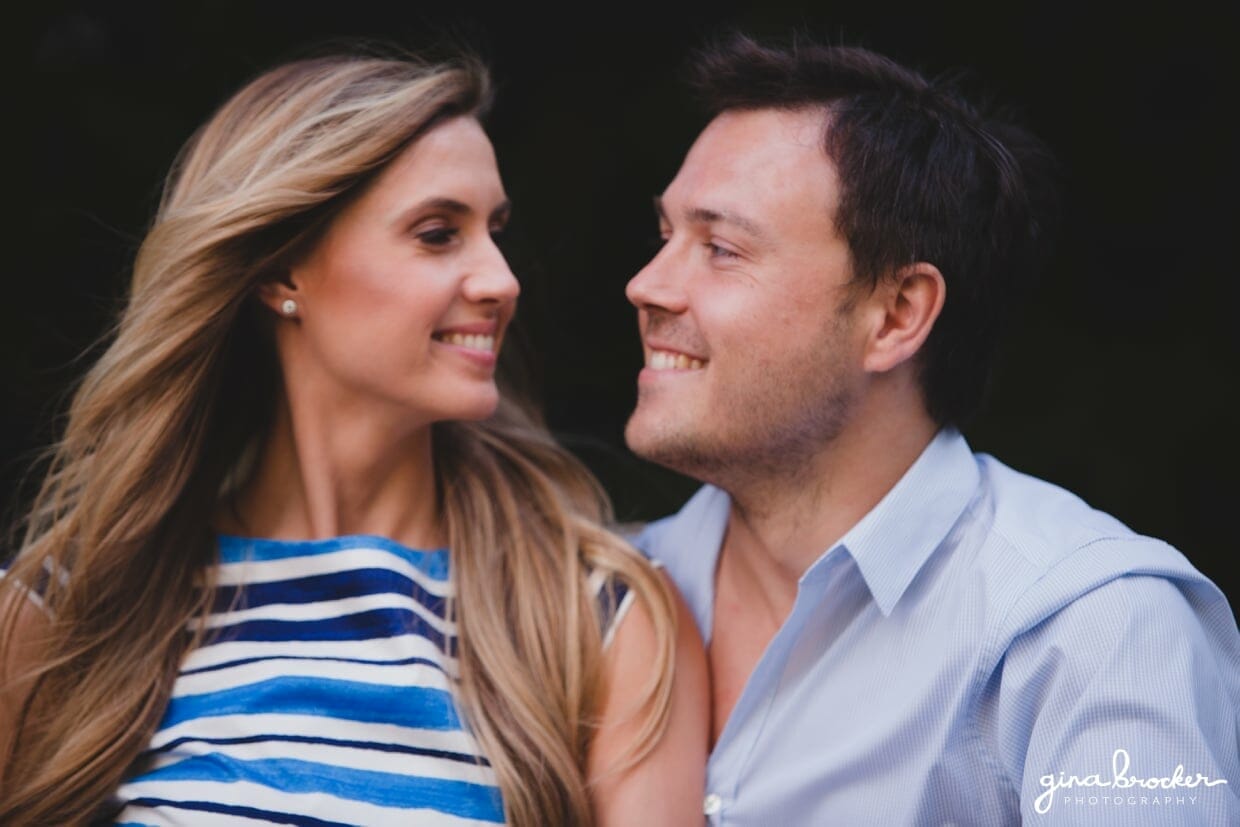 A sweet portrait of a couple looking at one another during their prospect park engagement session in brooklyn, new york