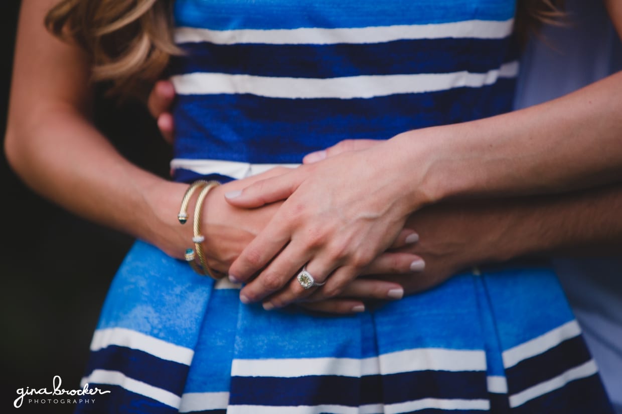 A detail of a couple hands and engagement ring during their prospect park engagement session in brooklyn, new york