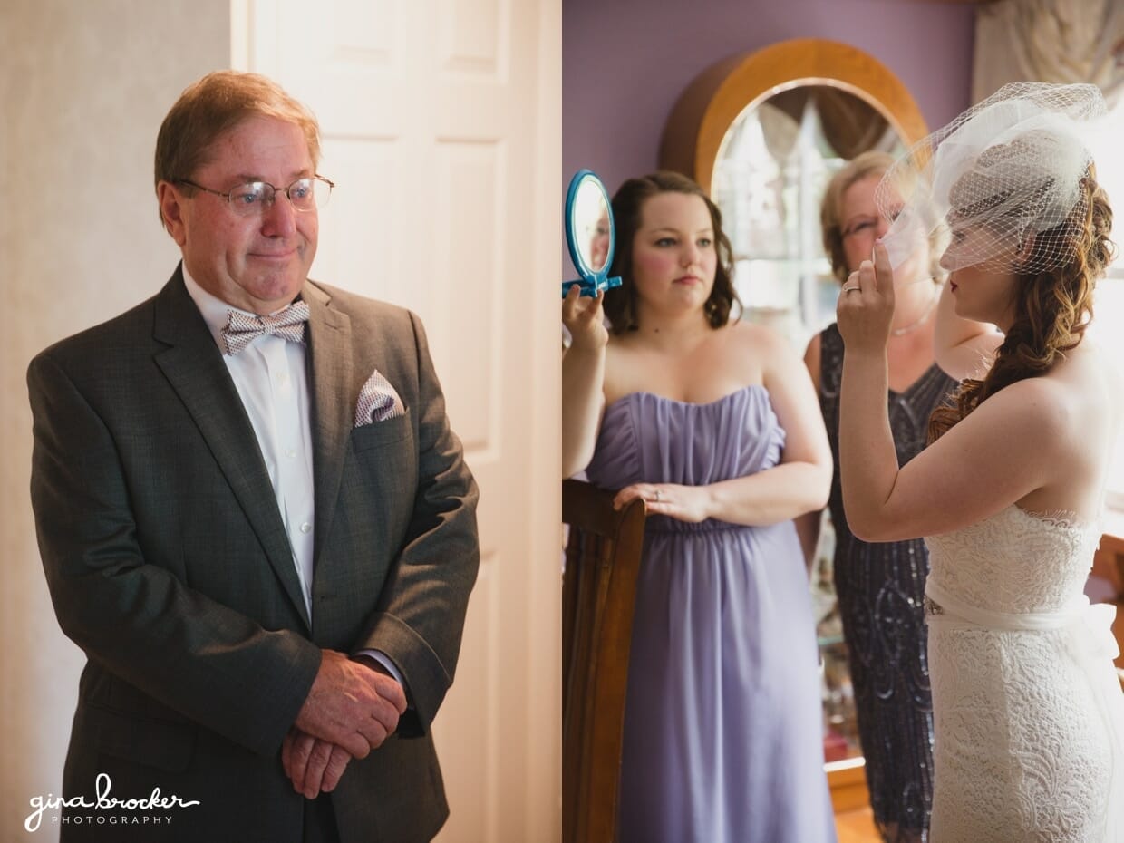 A father of the bride looks lovingly at his daughter as she adjust her birdcage veil on the morning of her wedding in Massachusetts 