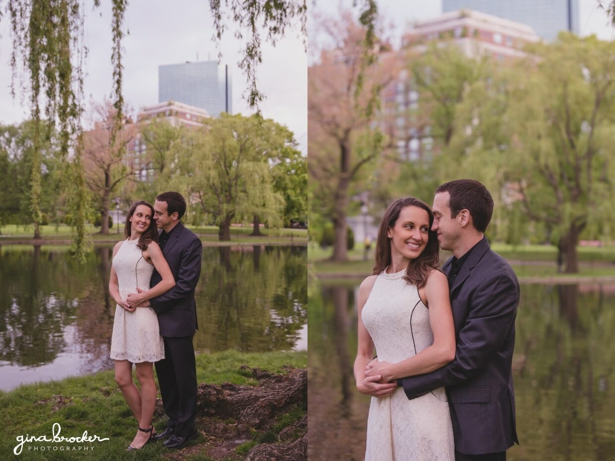 A sweet photograph of a couple cuddling during their engagement session in the Boston Public Gardens