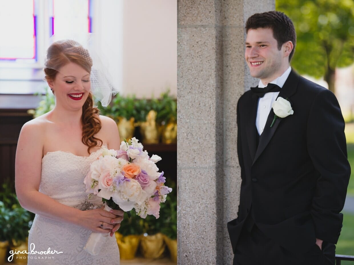 A portrait of a bride and groom moments before they walk up the aisle at the Sacred Heart of Jesus Church in Cambridge, Massachusetts
