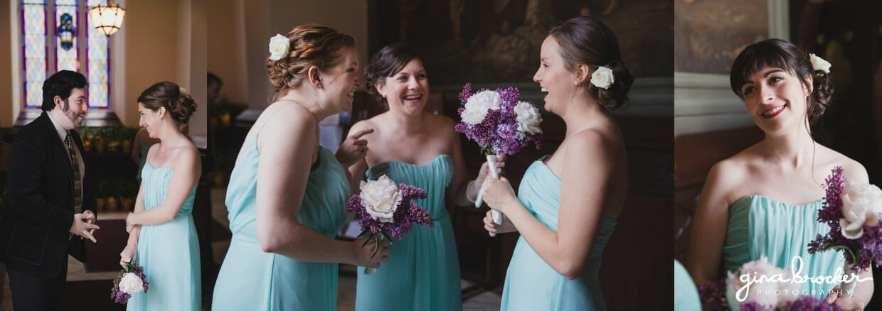 Bridesmaid wearing aqua gowns laugh before the wedding ceremony at The Sacred Heart of Jesus Church in Cambridge, Massachusetts