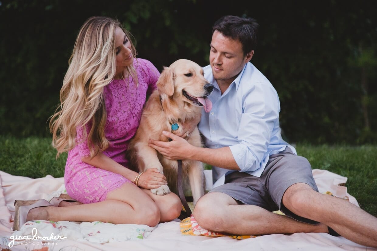 A couple sit on a blanket with their dog during a picnic engagement session in prospect park, brooklyn, new york