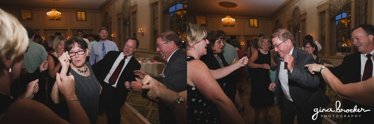 Guest dancing during the wedding reception at the Hawthorne Hotel in Salem Massachusetts