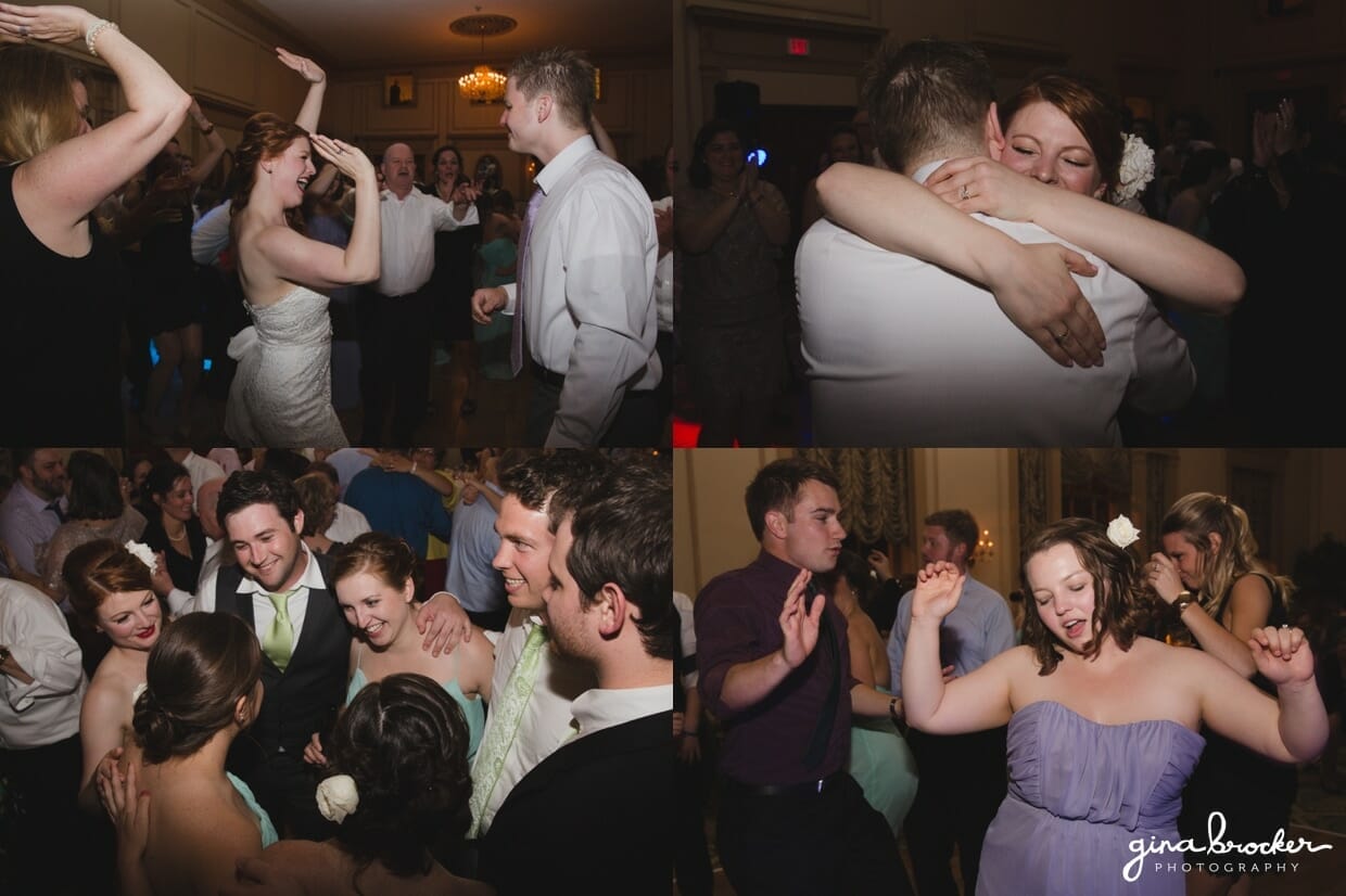 The wedding party dancing at the Hawthorne Hotel in Salem Massachusetts