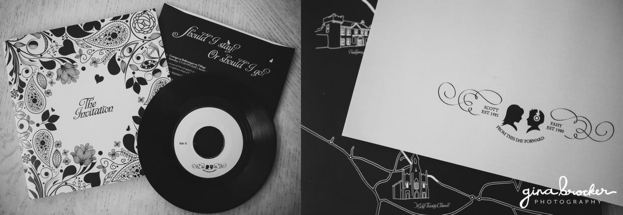 Custom made vinyl album wedding invitations with flower details