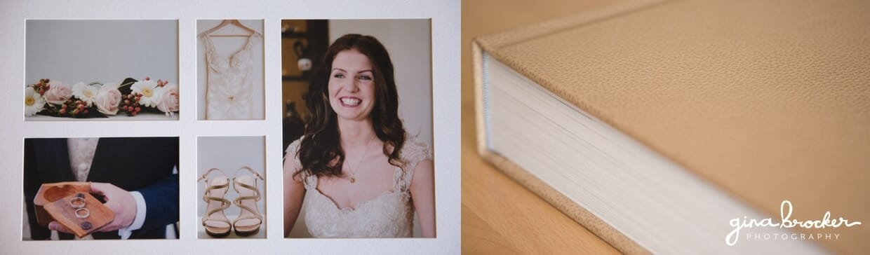 A premium leather wedding album with bespoke mat page