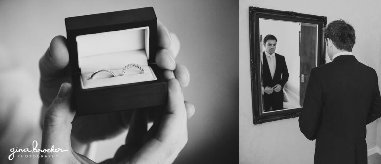 The groom holds the wedding rings just before fastening his suit on the morning of his wedding