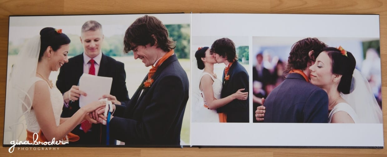 Flush mount wedding album layout featuring an outdoor ceremony in New England