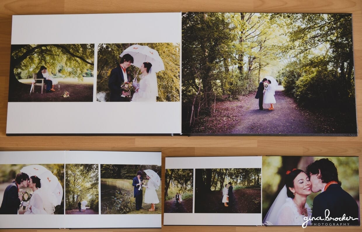 Flush mount wedding album layout featuring a wedding in the woods