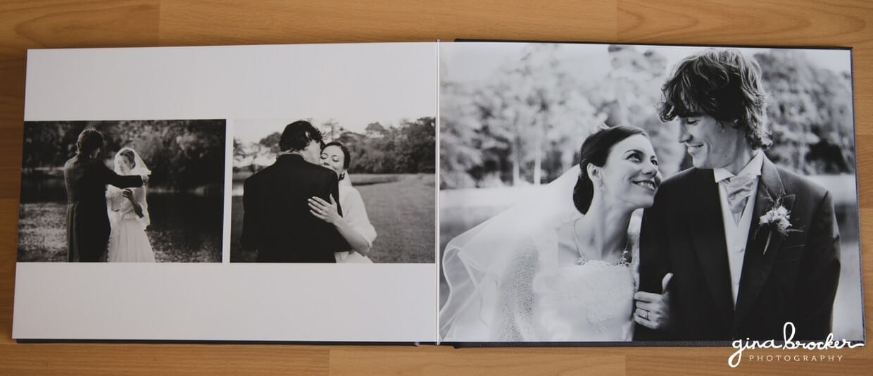 Flush mount wedding with full page spread of a natural wedding couple portrait