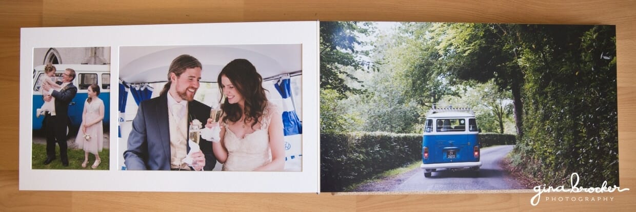 An unique and beautiful wedding album that combines flushmount pages with mat pages for a timeless and modern look