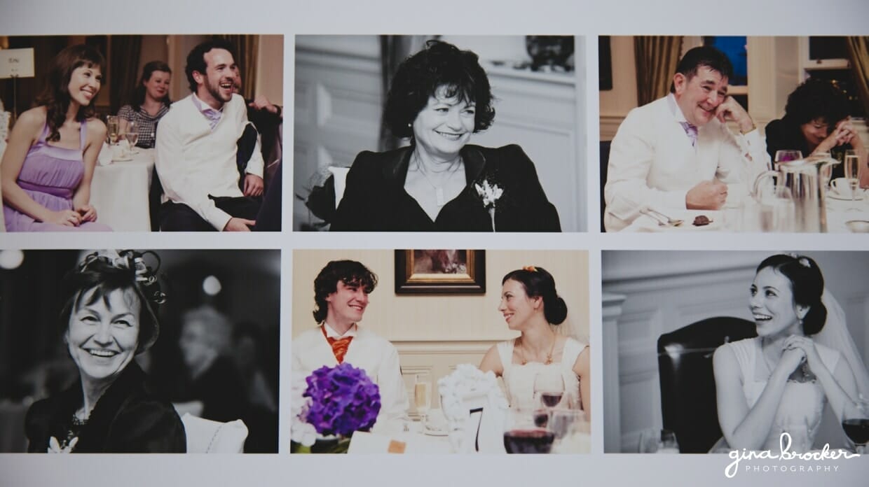 Flush mount wedding album with candid photographs from wedding toasts