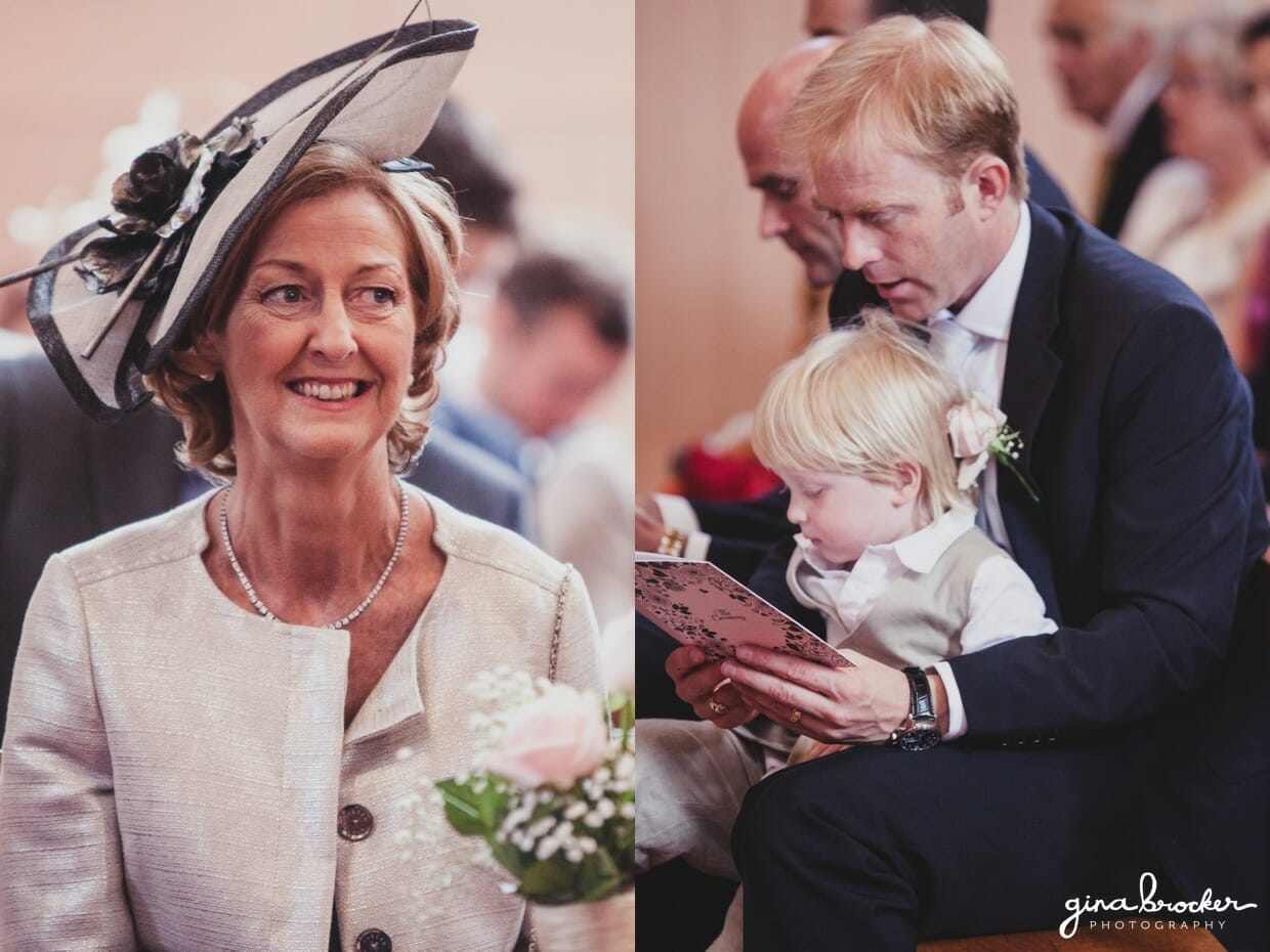 A candid portrait of the mother of the bride, brother of the groom and ring bearer during a religious wedding ceremony