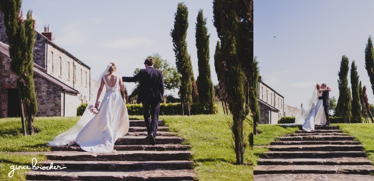 The bride and groom walk hand in hand during their natural and relaxed wedding portrait session