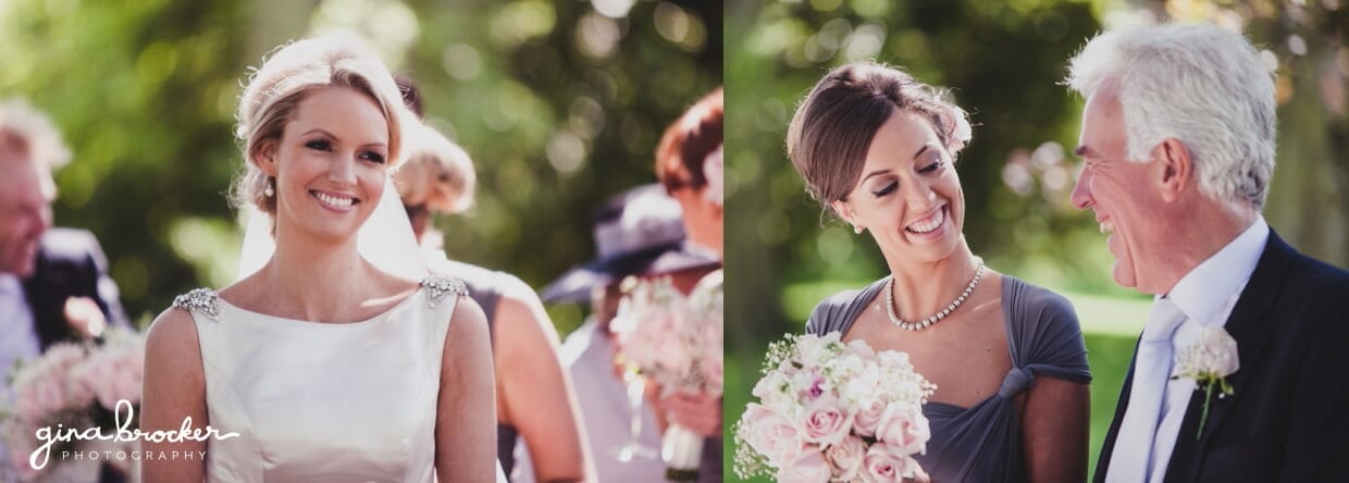 Candid photographs of the bride, bridesmaid and father of the bride during classic garden wedding reception