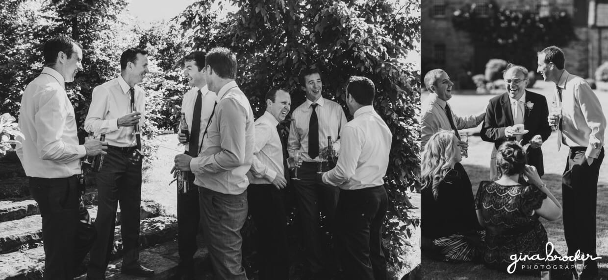 Candid photographs of wedding guests talking and laughing during the cocktail hour of a garden themed wedding in Massachusetts