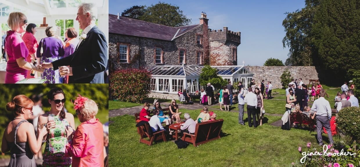 Candid photographs of guest talking and laughing during the cocktail hour of classic garden wedding