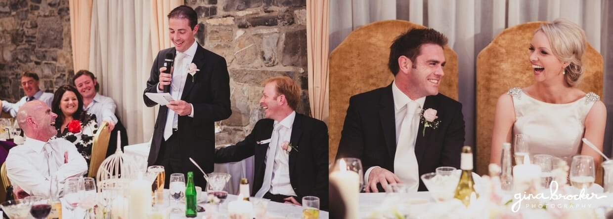 The bride and groom and guest laugh during one the greatest best man speeches