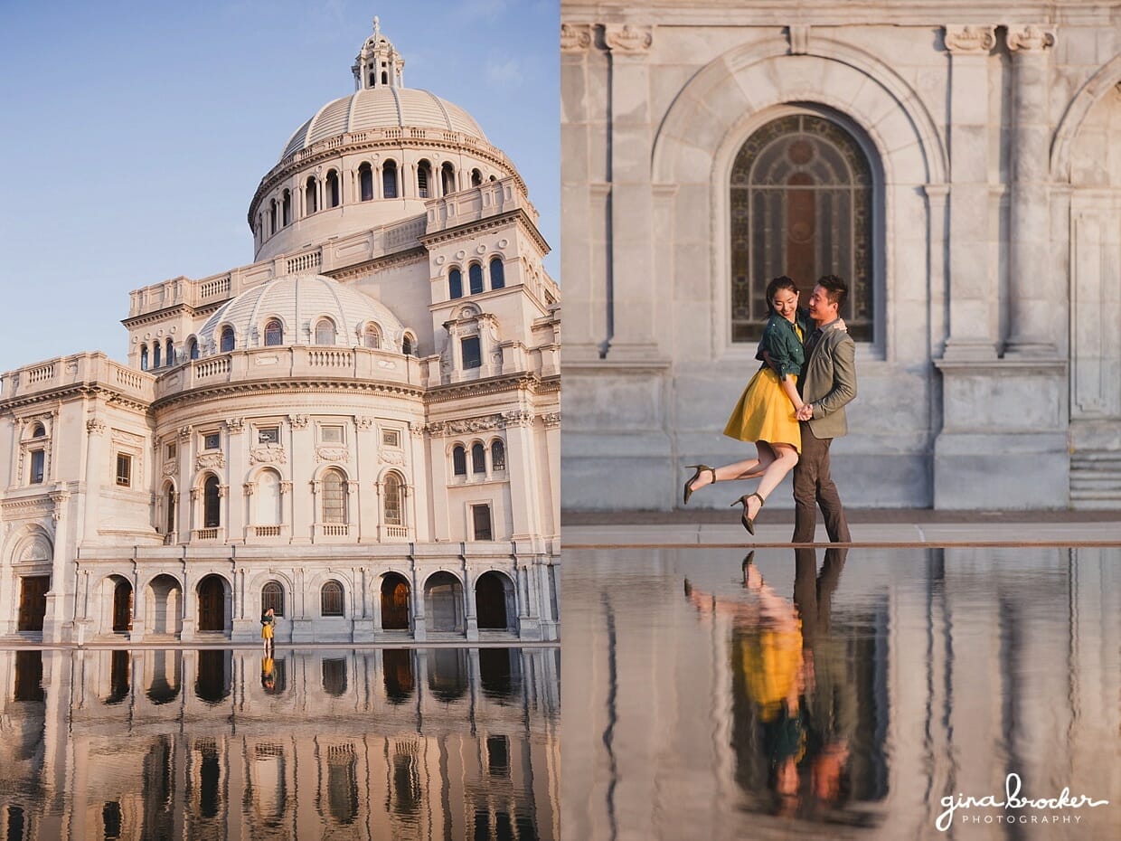 Sweet summer time engagement session at the Christian Science Center in Boston, Massachusetts