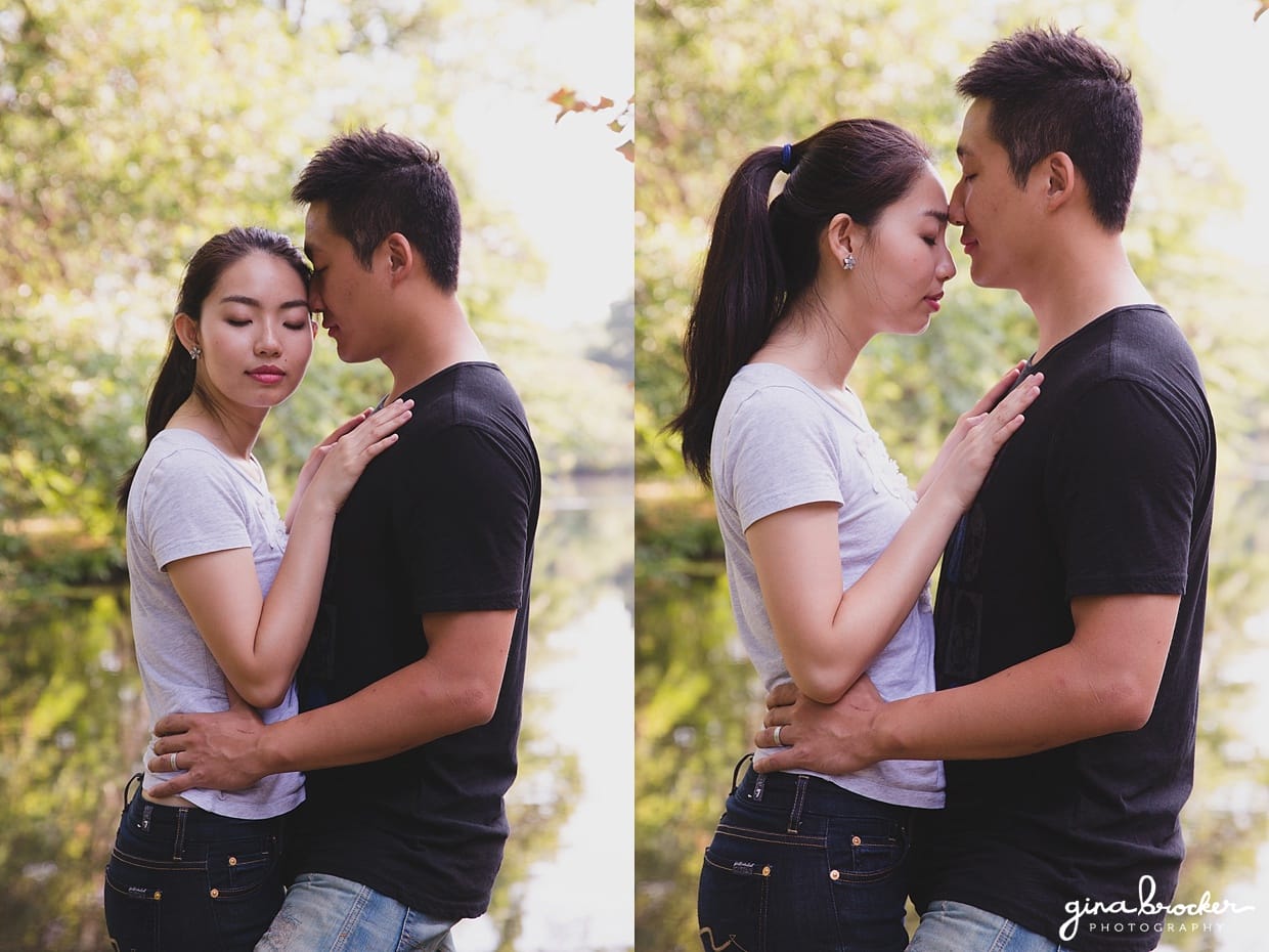 Romantic portraits of a couple in a park during their boston engagement session in back bay fens