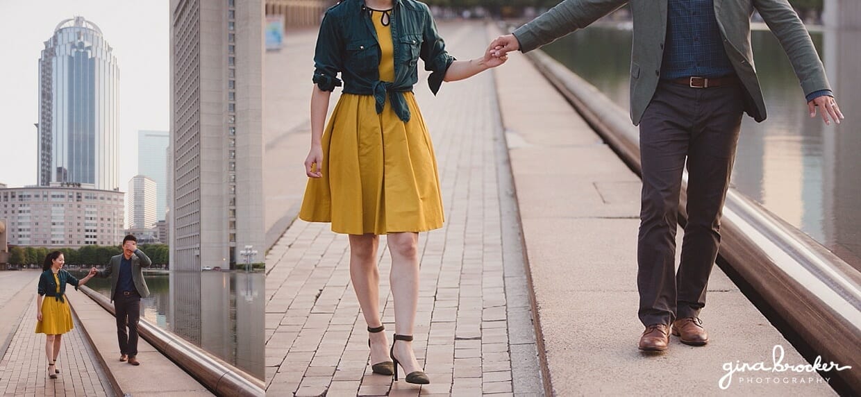 A women leads her fiancé to a secret surprise during their fun Boston Engagement Session at the Christian Science Center