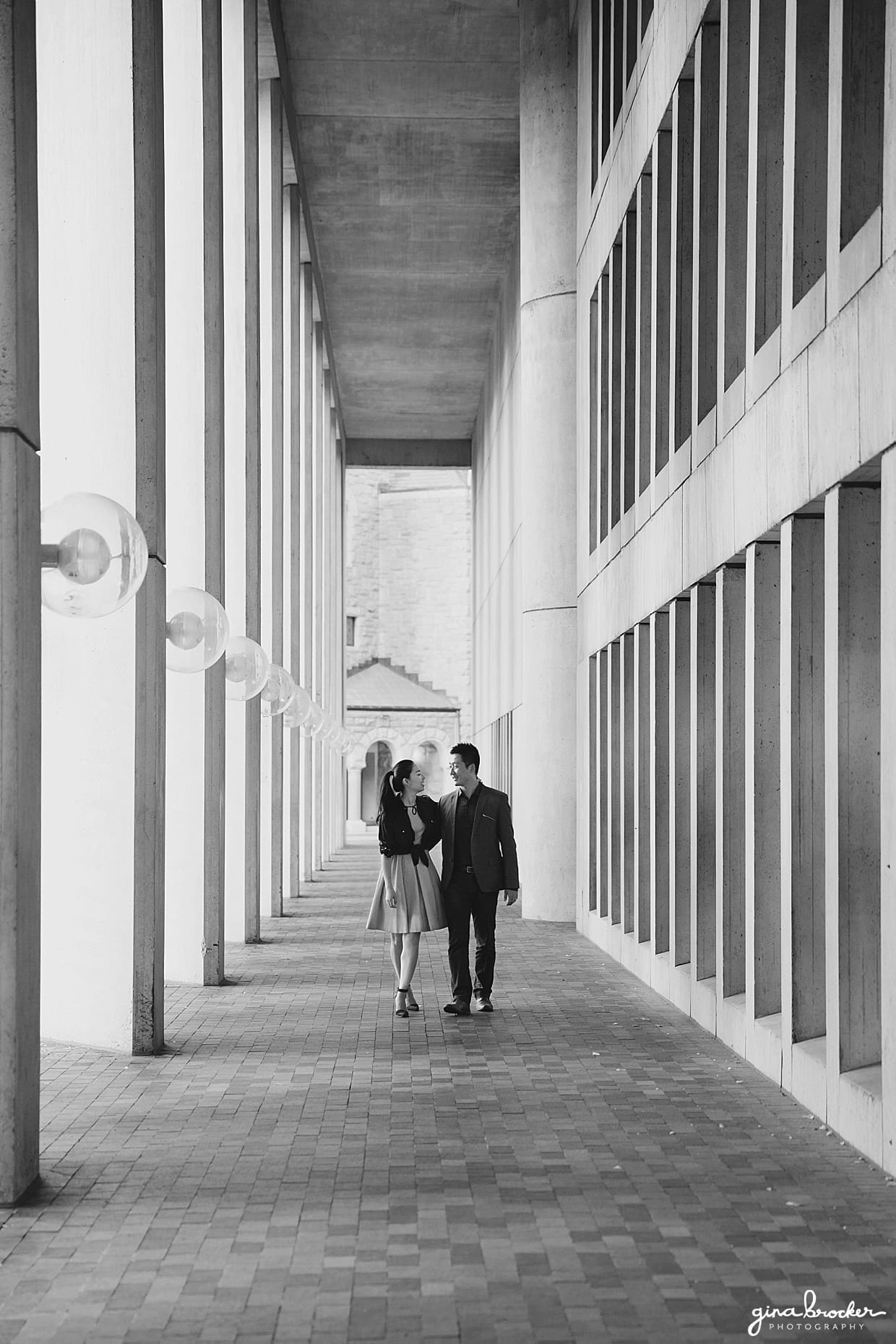 A couple walk together through the unique architecture of the Christian Science Center