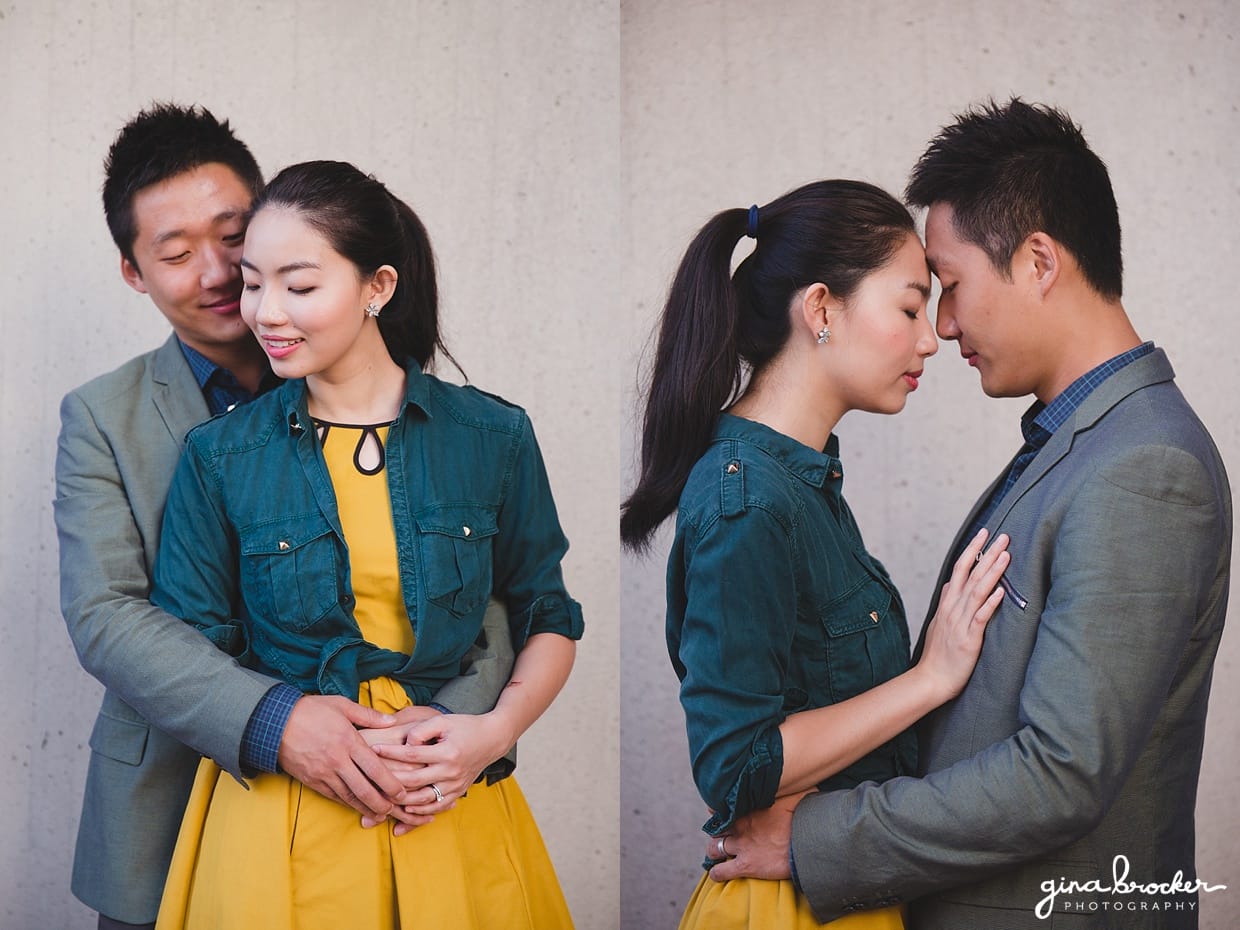 Sweet and romantic portraits of a couple during their engagement session at the Christian Science Center in Boston, Massachusetts