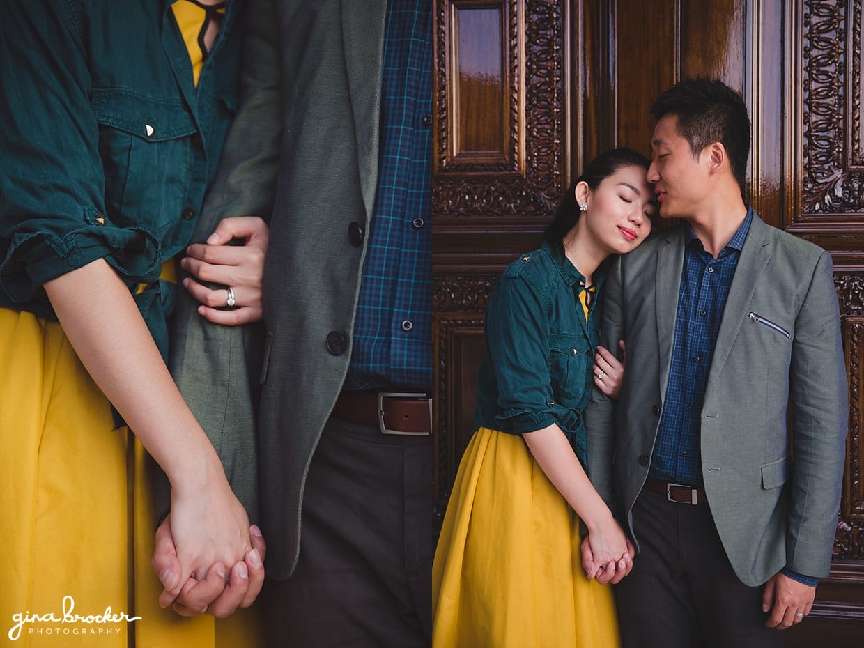 A couple cuddle and hold hands during their Christian Science Center Engagement in Boston, Massachusetts