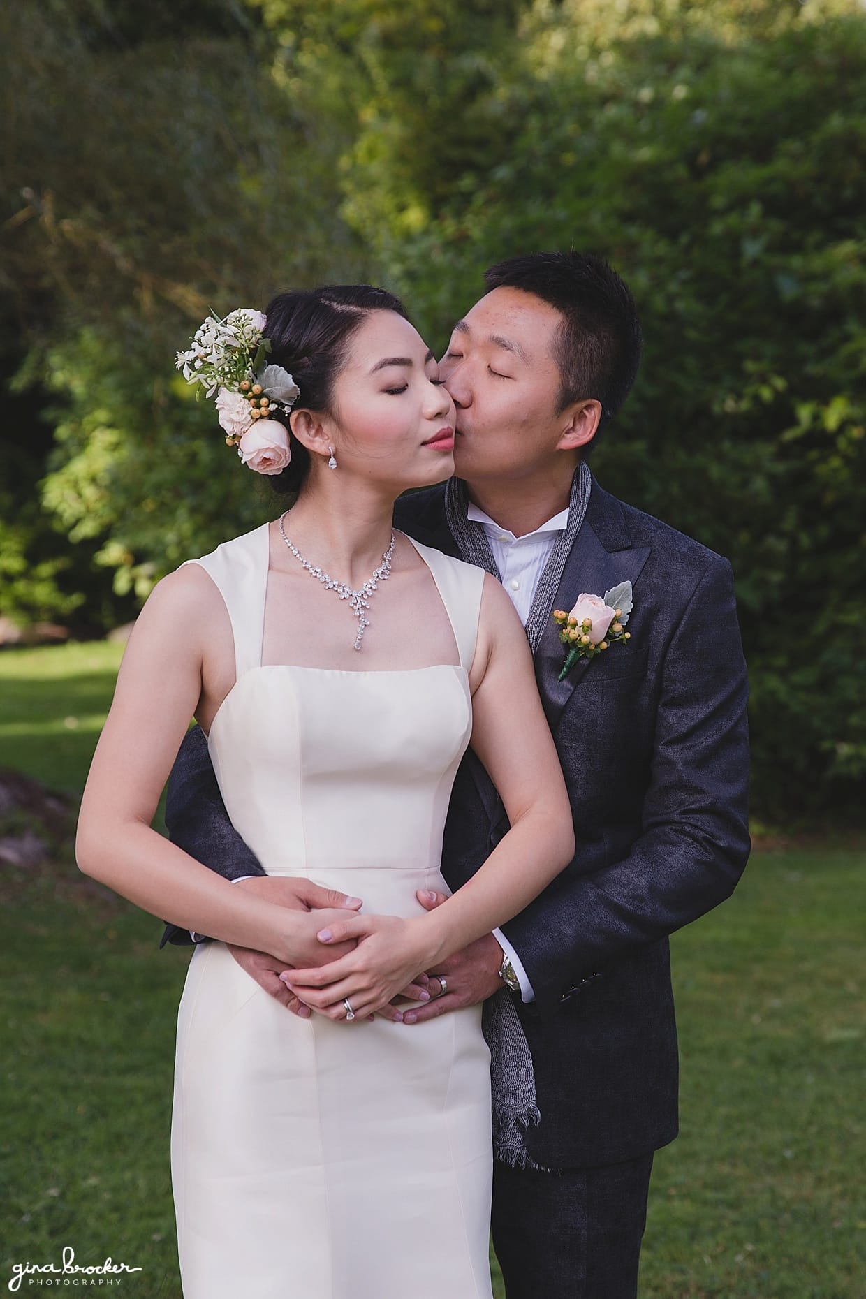 A romantic photograph of a bride and groom during the first look before their hammond castle wedding in gloucester Massachusetts
