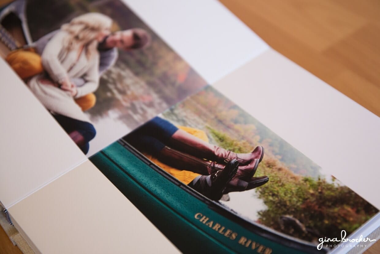 A detail of a photograph in a beautiful custom wedding guest book 