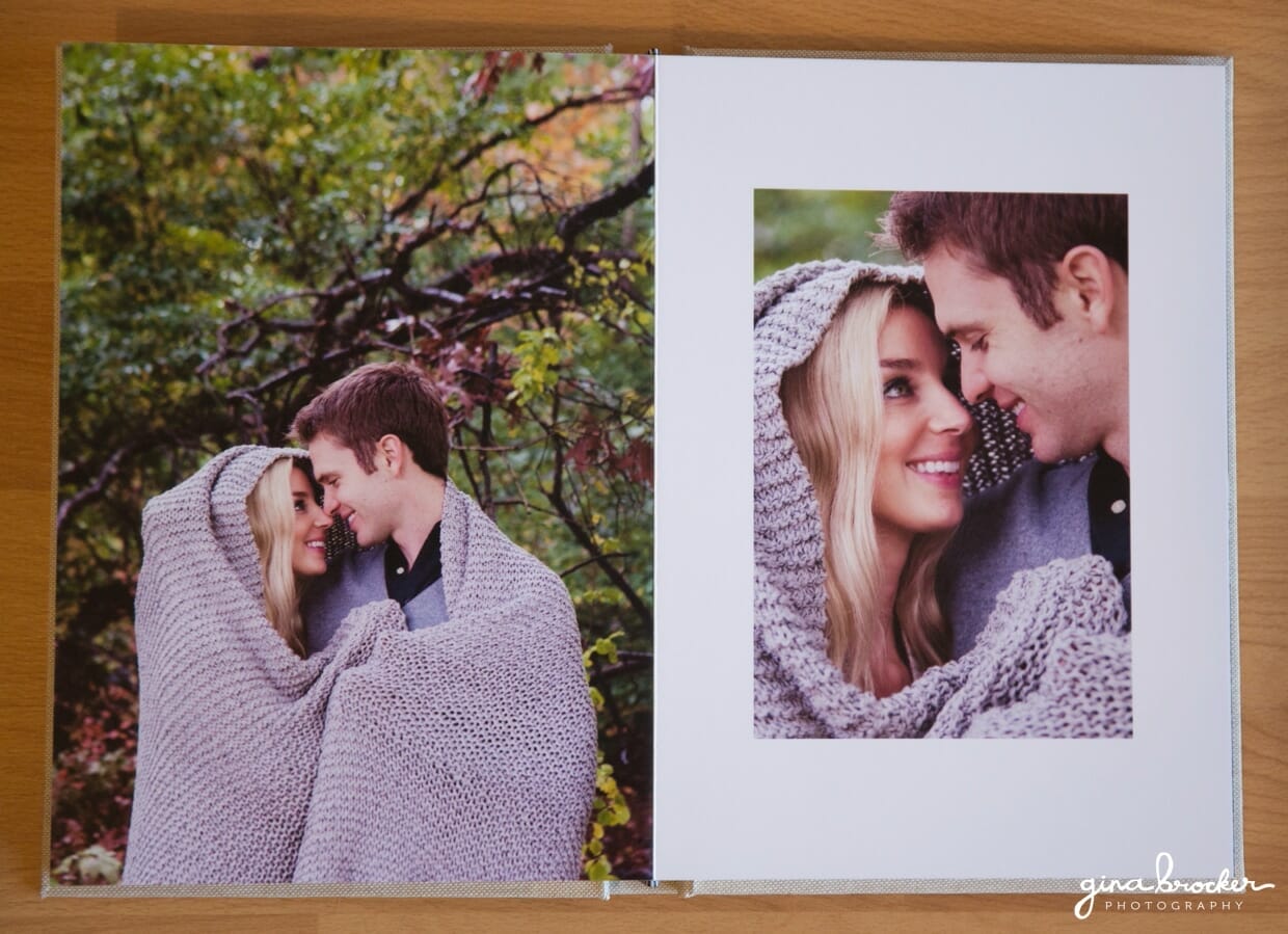 An example of how engagement photographs make a beautiful and unique custom wedding guest book 