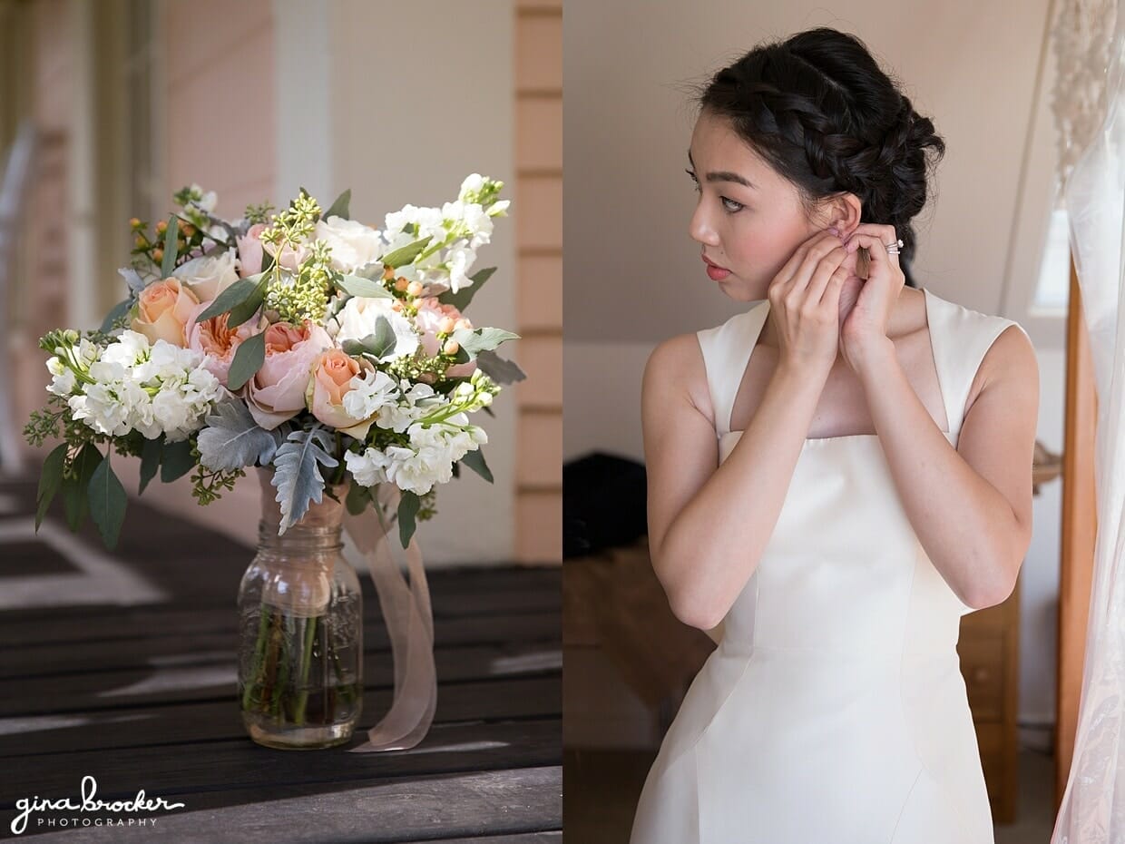 A detailed photograph of a peach wedding bouquet alongside a bride as she puts on her jewellery before her hammond castle wedding