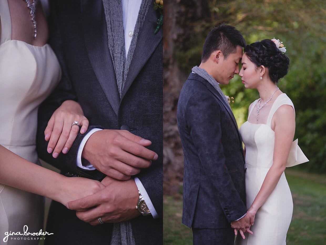 A bride and groom share a romantic moment during the first look before their hammond castle wedding in gloucester, Massachusetts 