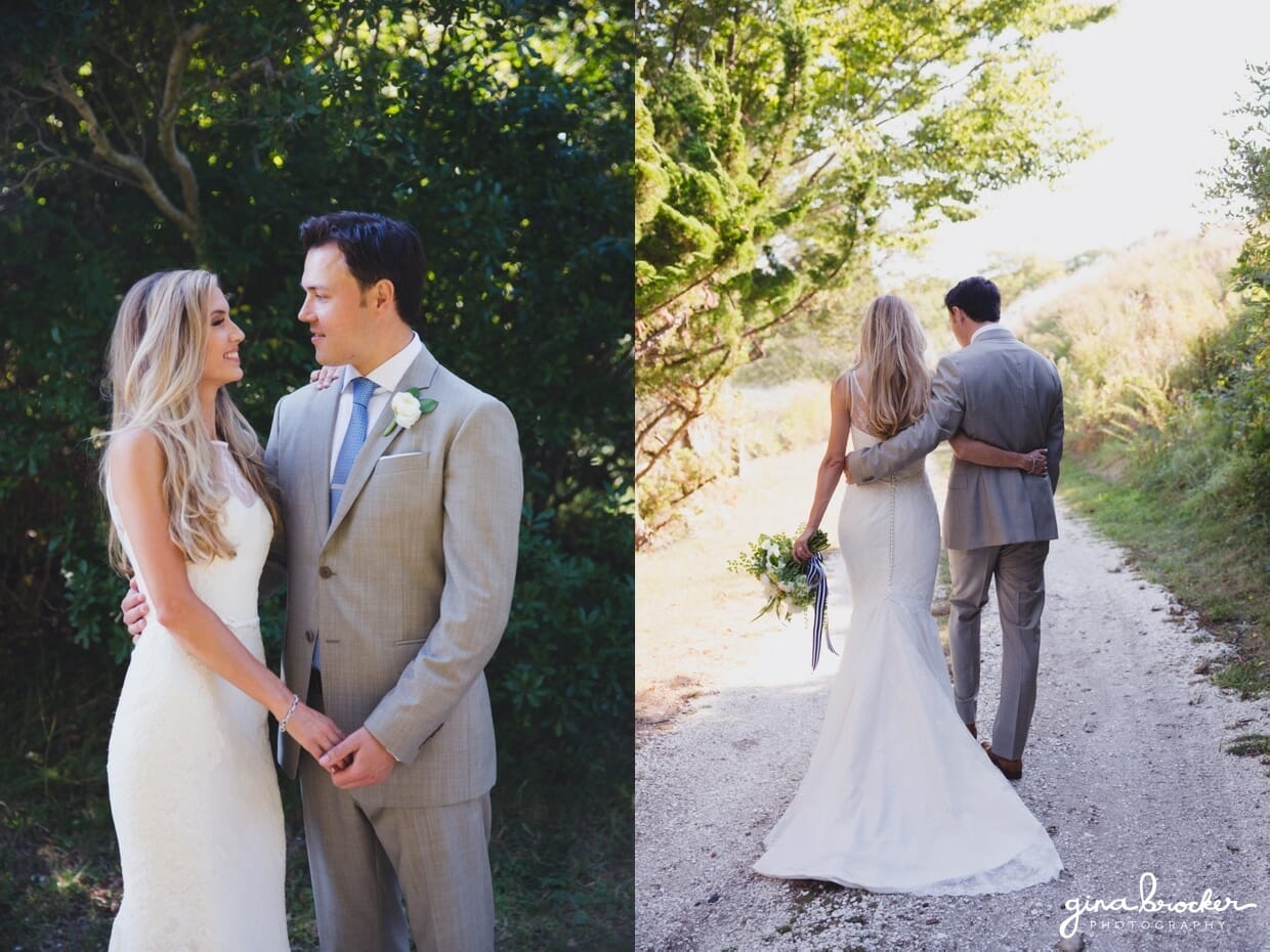 Two portraits of a bride and groom during the first look of their Nantucket Wedding in the Westmoor Club