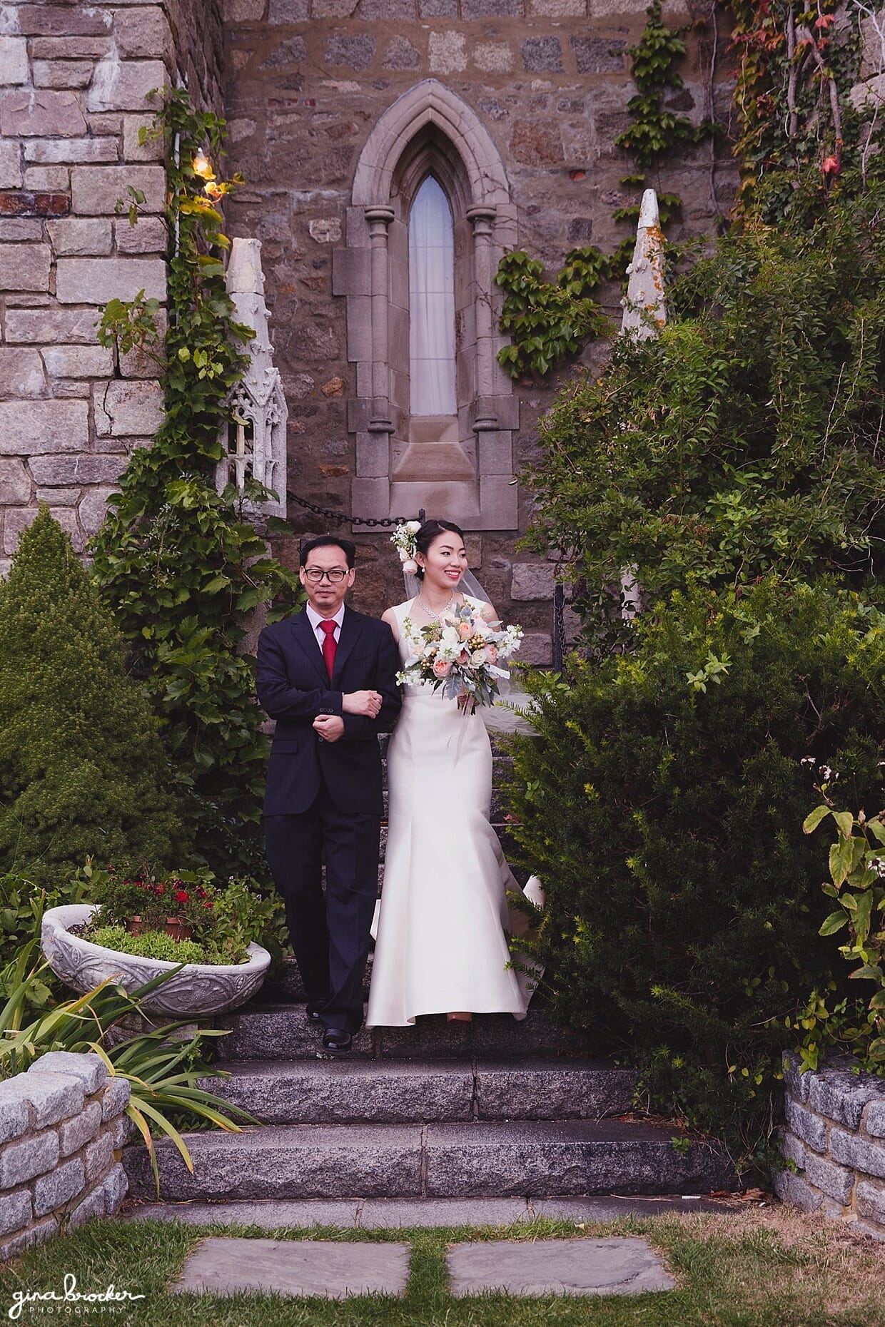 A bride with her father just before they walk up the aisle during a Hammond Castle Wedding