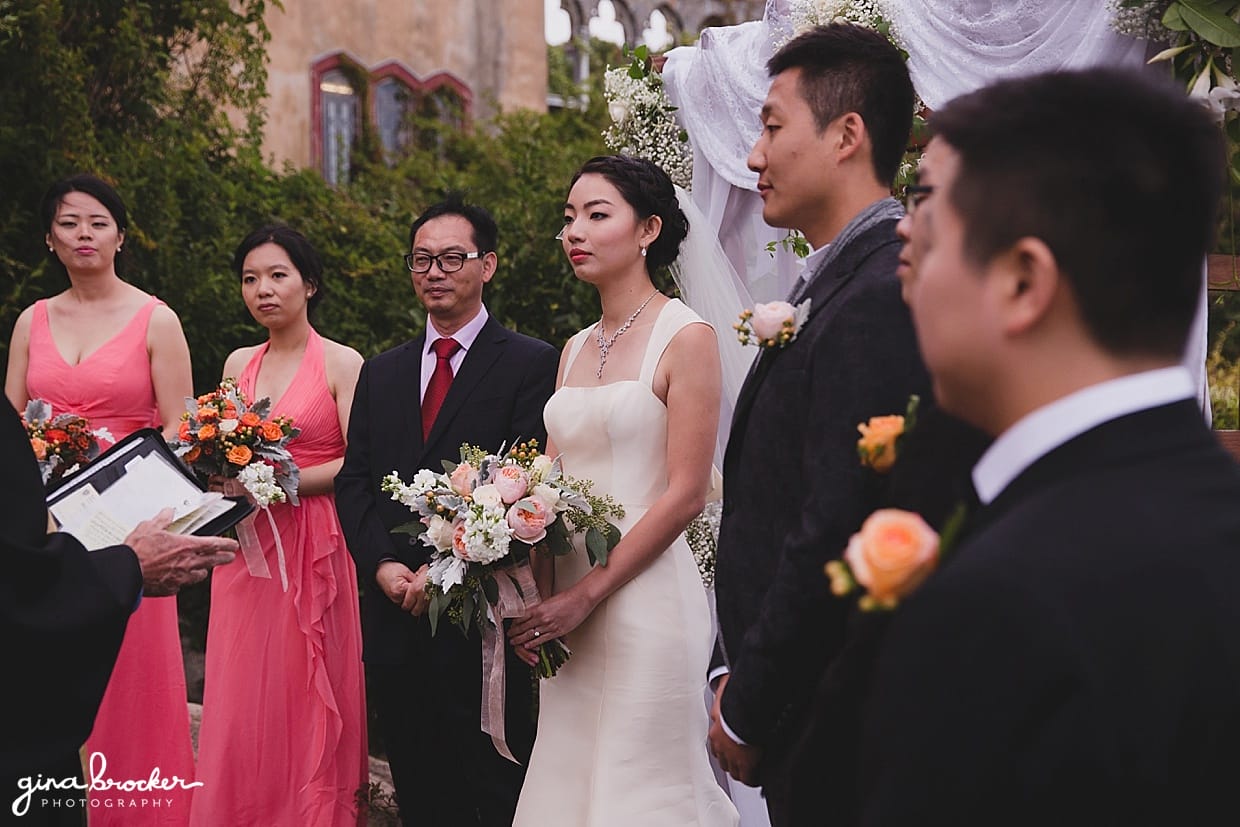 An outdoor wedding ceremony at Hammond Castle