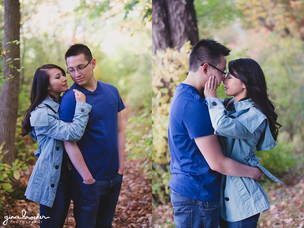 Sweet and natural portraits of a couple in the woods during a fall engagement session in Newton, Massachusetts