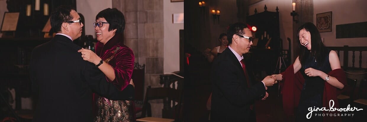 Candid photographs of guest dancing at a Hammond Castle Wedding