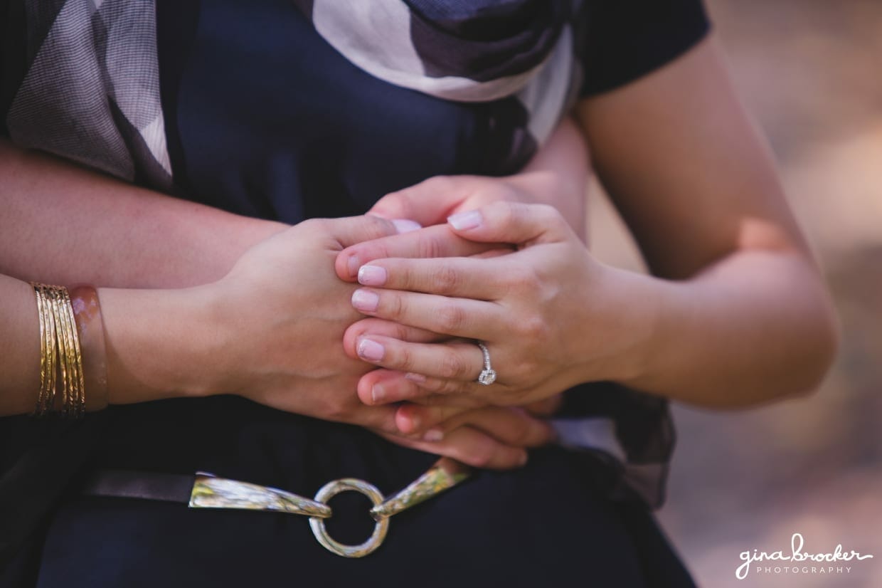 A detail of couple hugging during their boston engagement session