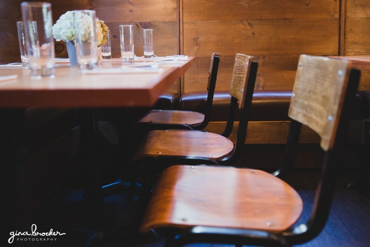 Rustic wedding rehearsal dinner decor at Back Yard BBQ restaurant in Nantucket, Massachusetts