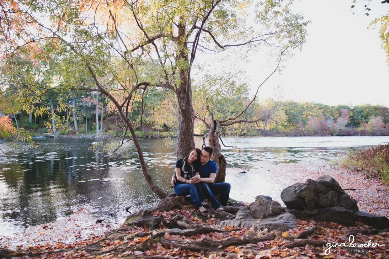 A couple cuddle near a tree on the charles river duing their fall engagement session in massachusetts