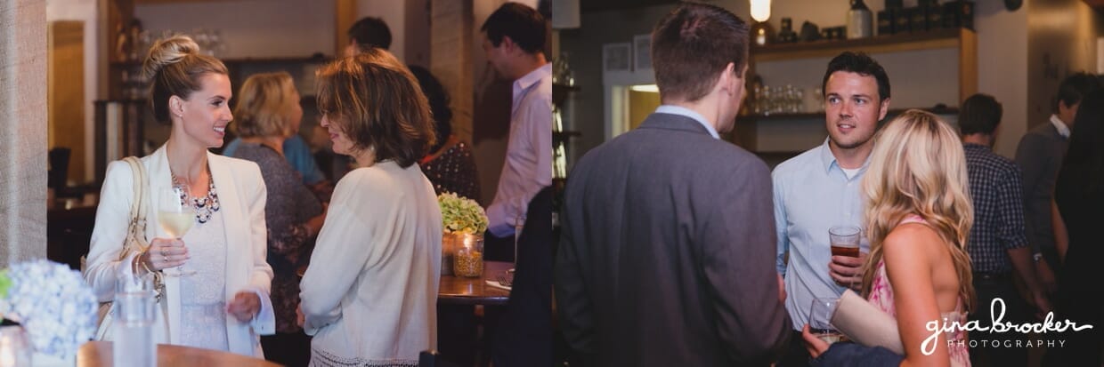 Candid photographs of guest talking during a wedding rehearsal dinner at the Back Yard BBQ restaurant in Nantucket, Massachusetts