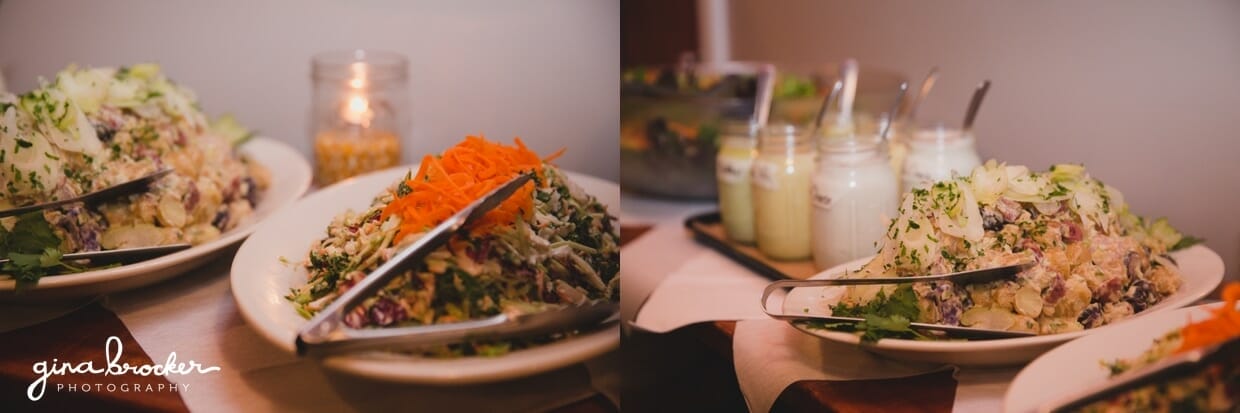 Rustic BBQ style food being served during a wedding rehearsal dinner at Backyard BBQ restaurant in Nantucket, Massachusetts
