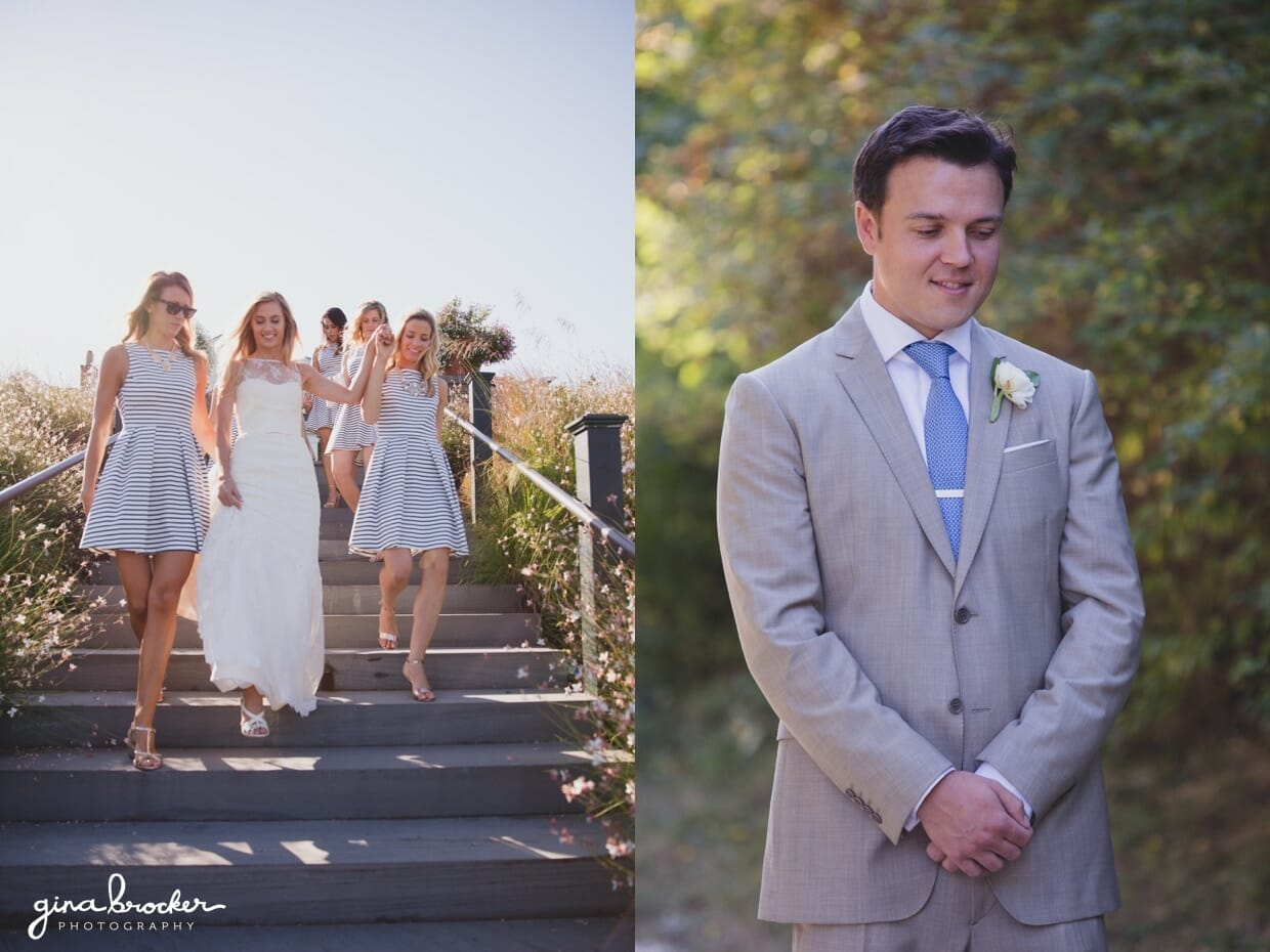 The bridesmaids hold the brides hand as she walks down the stairs to meet her handsome groom for their first look before their Nantucket wedding at the Westmoor Club