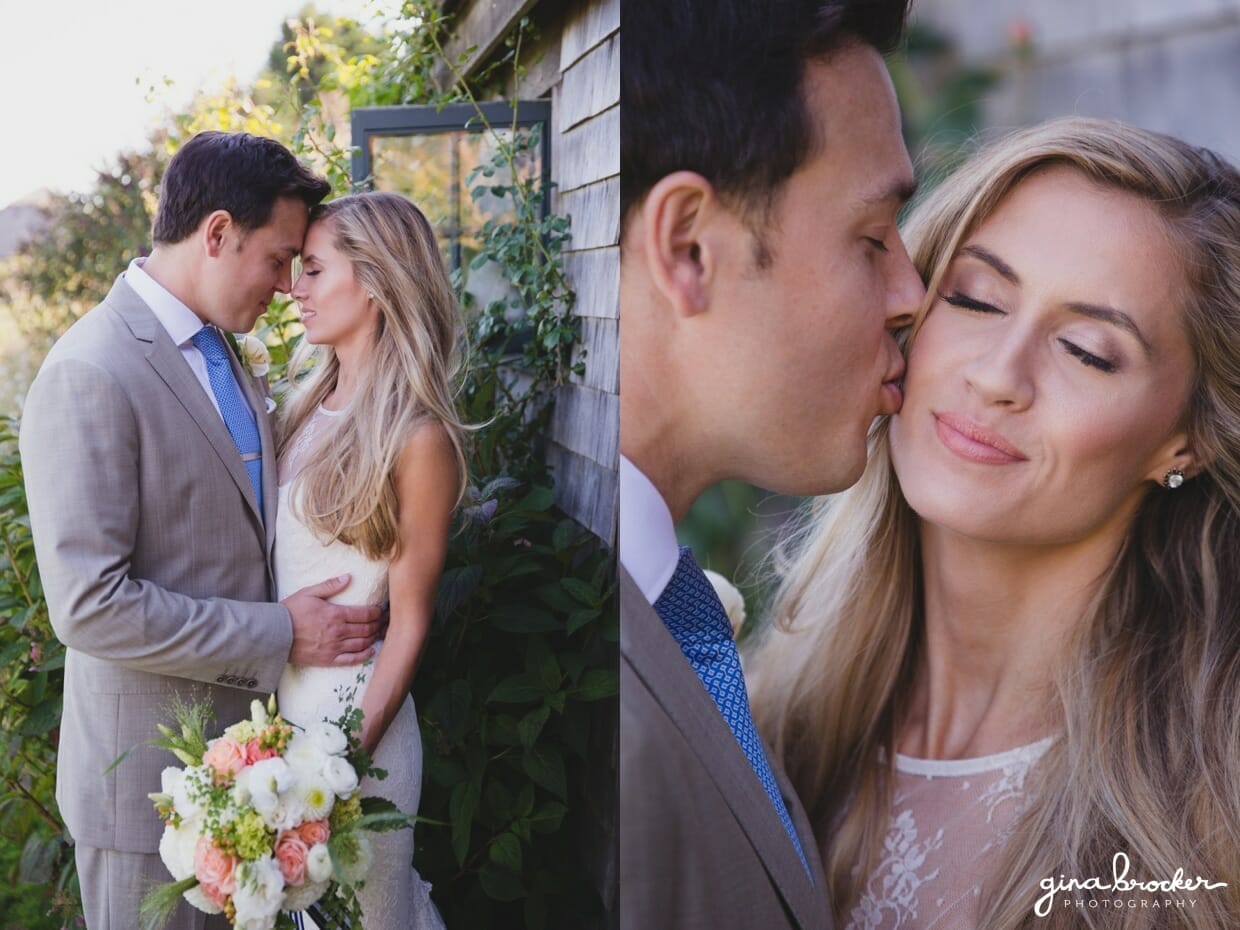 Romantic photographs of a bride and groom beside a nantucket cottage during their first look on the grounds of the Westmoor Club in Nantucket, Massachusetts