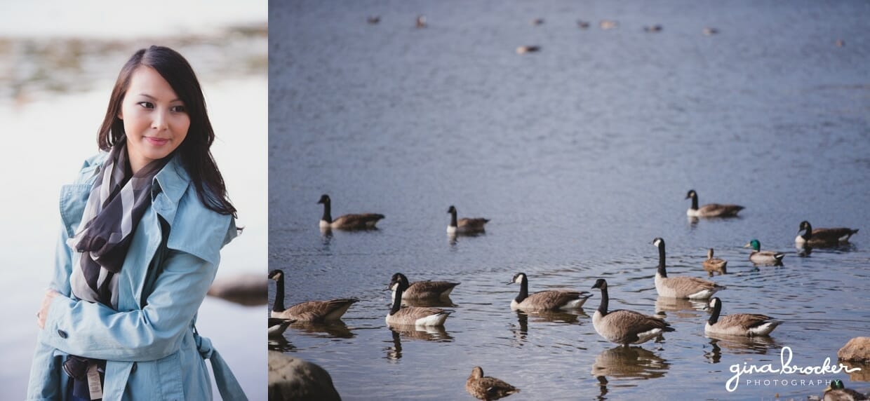 A portrait of a bride to be on the charles river with geese during her fall engagement session in boston